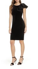 NWT Eliza J Black Velvet Dress One Shoulder Sheath Ruffle Sleeve Size 6