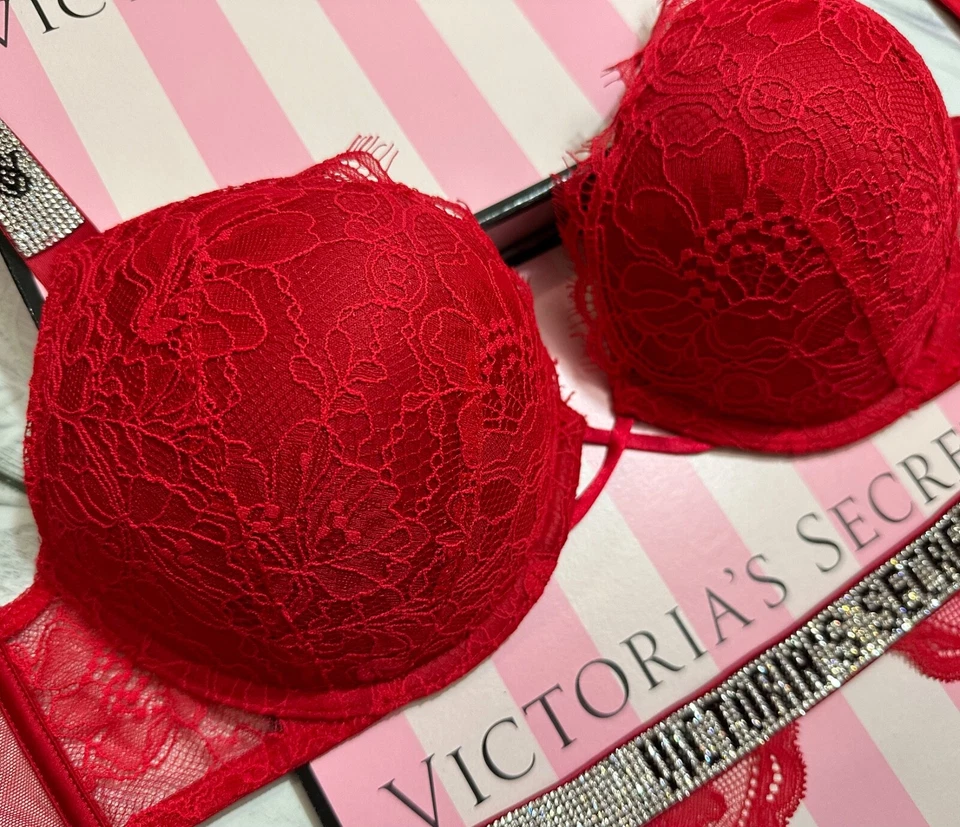 Victoria's Secret VS Shine Strap Bombshell Lace Push-Up Bra Thong Garter Set Red - Image 3 of 4