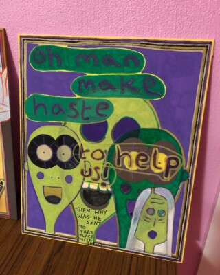 Original Gemälde Außenseiter Kunst ''Oh Man Make Eile To Help Us!'' Eichelhäher Snelling