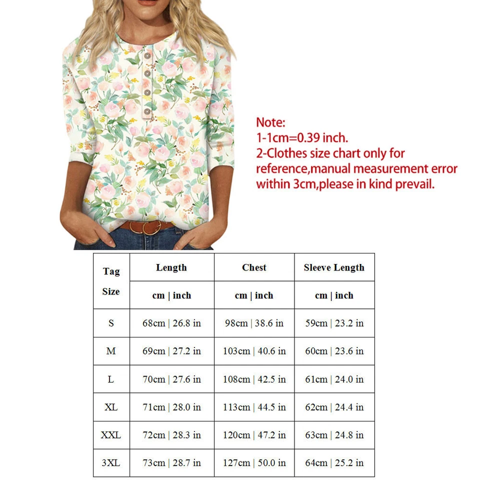 3/4 Length Sleeve Womens Tops Casual Loose Fit V-neck Shirts Floral Tunic Top * - Изображение 2 из 4