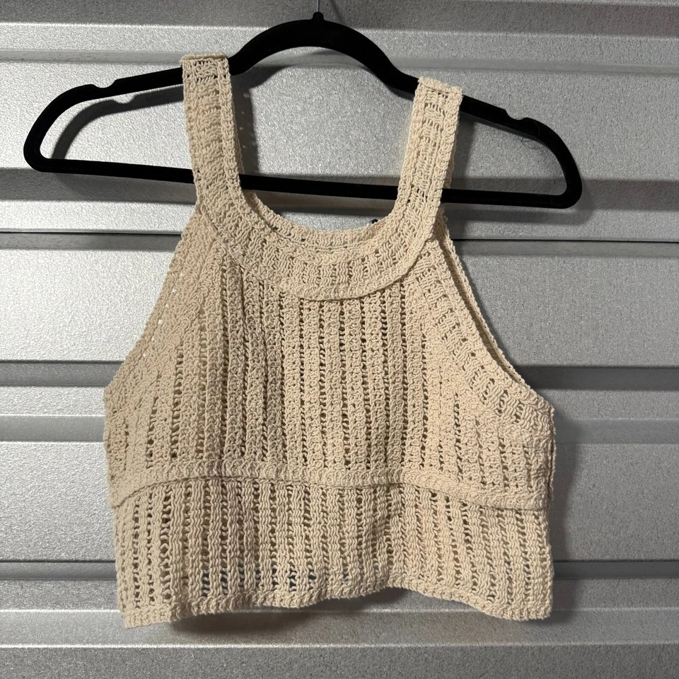 Camiseta sin mangas recortada Timing para mujer pequeña beige tejida ganchillo sin mangas correa ancha Foto 4 de 4