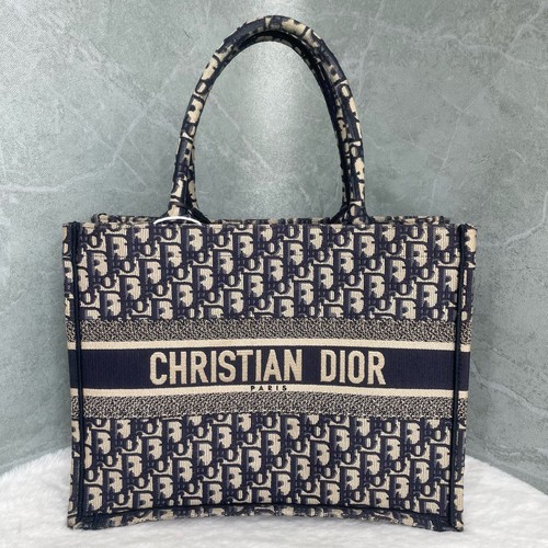Authentic Christian Dior Book Tote Oblique Canvas Top Handle Bag Ivory Blue