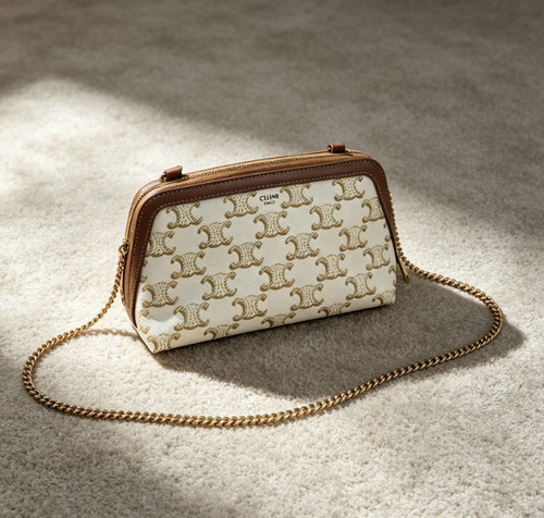 Celine Triomphe Canvas Small Crossbody Bag White Brown GHW Chain Strap Auth