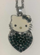NEW Silver Plated Green Crystal Hello Kitty Heart Necklace Pendant