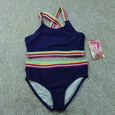 Kanu Surf Swimsuit Girls 14 Navy Blue Striped Trim Two Piece Bikini Bobby 7561