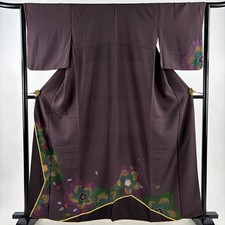 M Sleeve Cherry Blossom Petal Gold Silk Kimono Used Brown Purple 160.5cm Length