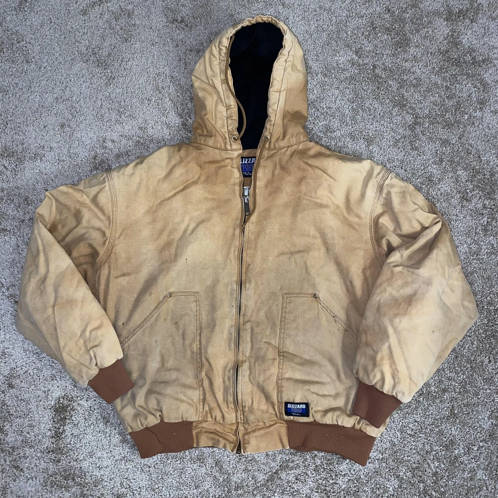 Walls Blizzard Pruf Jacket Mens 2XL Beige Hooded Canvas Insulated Work Bomber