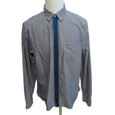 Chemise Lacoste Live 43 Grise Rayures Logo Poche Coton Manches Longues - Photo 1/4