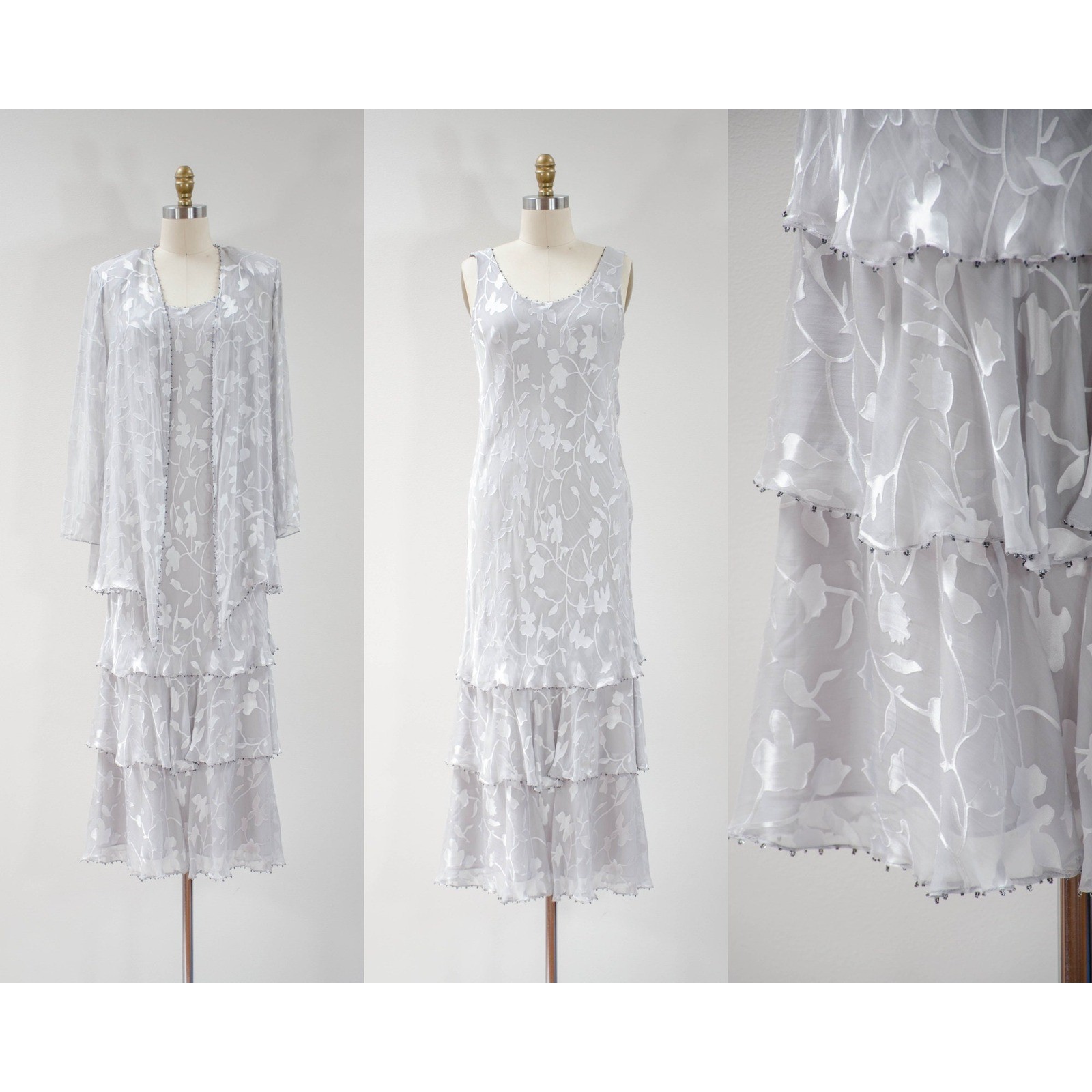 Vestido sin tirantes estilo años 20 de colección gris plata transparente devorado agotado cuentas escalonadas con volantes