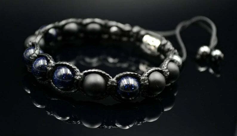 Pulseira masculina de pedras preciosas arenito ônix hematita macramê frisado - Imagem 2 de 4