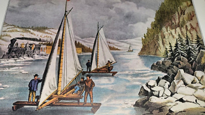 ICE-BOAT RACE ON THE HUDSON River American Challenge Pennant Currier Ives 12x16