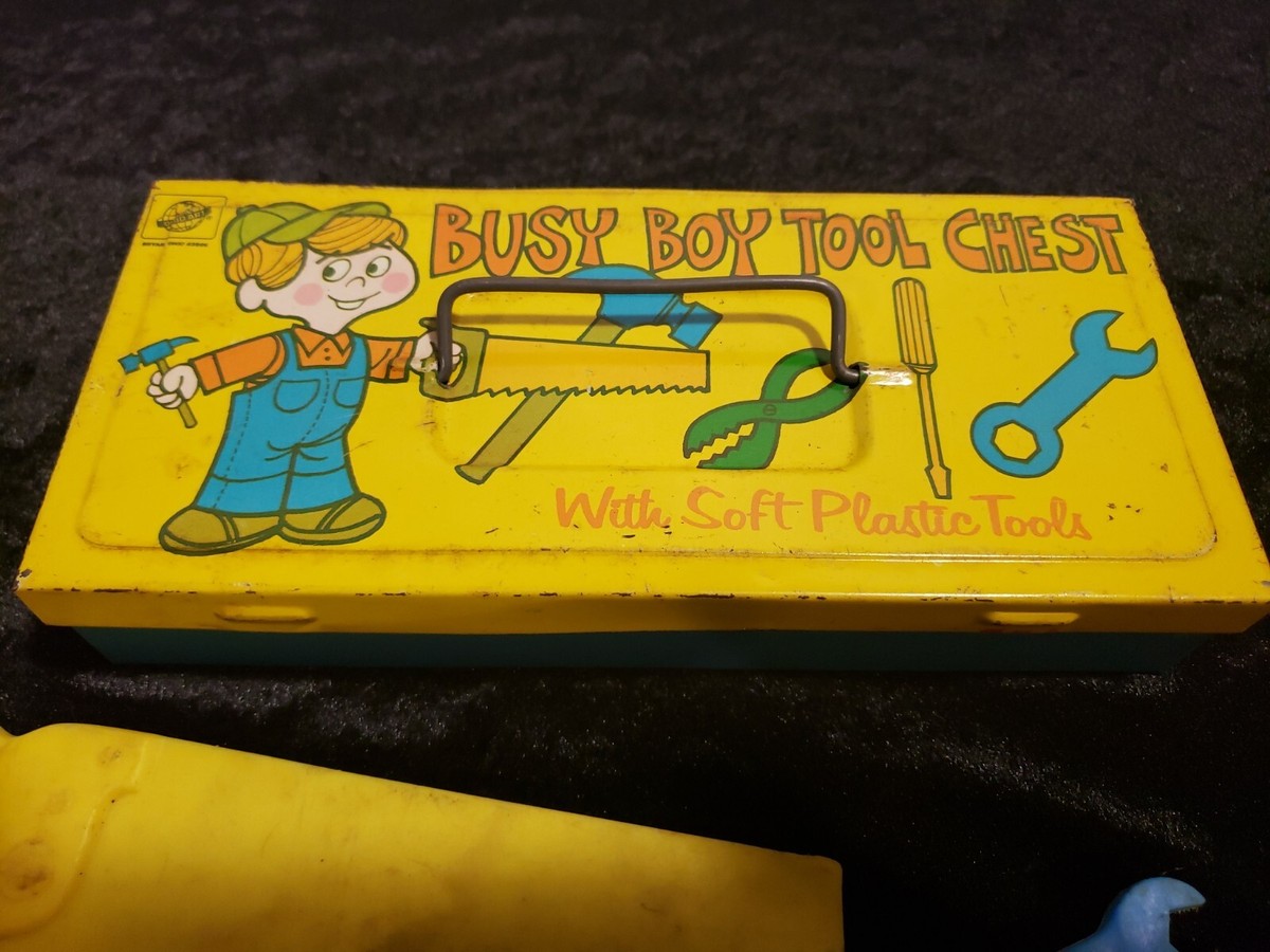 Vintage 1950's Busy Boy Tool Chest Tin Toy Box W/ plastic tools