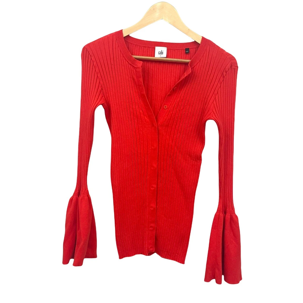 CAbi Red Orange Ribbed Knit Trumpet Bell Sleeve Cardigan Sweater Size S 5285