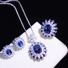 3pc Women Jewelry Set Bohemia Blue Topaz Gemstone Silver Pendant Earring Rings