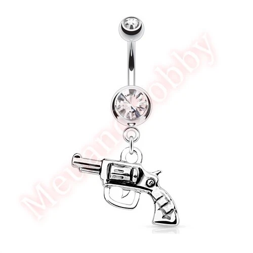 Clear Gem Gun Pistol Navel Belly Button Bar Ring Dangle Body