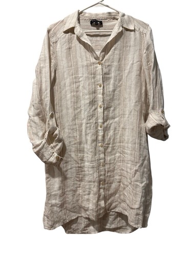 $174 Maven West Womens Shirt Dress Size M White beige striped F47 LINEN LINED - Picture 2 of 9