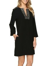 Karen Kane 4L17321 Black Embellished Crepe Split Neck Shift Dress w/Pockets $149