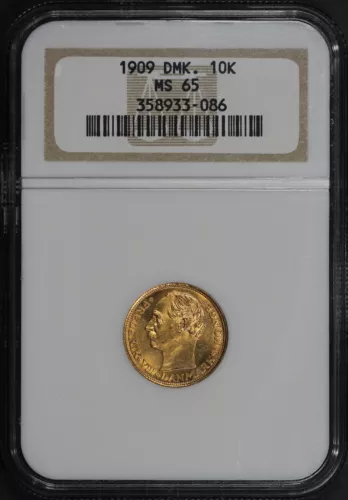 1909 Denmark Gold 10 Kroner NGC MS-65