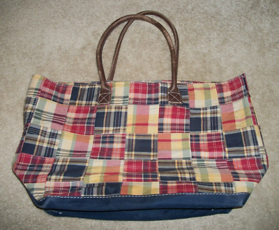 LL Bean Patchwork Plaid Large Tote Bag w/ Leather Handles | eBay 