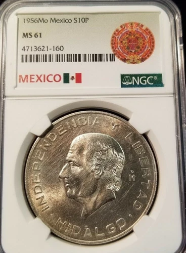 1956 MEXICO SILVER 10 PESOS S10P HIDALGO NGC MS 61 NICE EYE APPEAL !