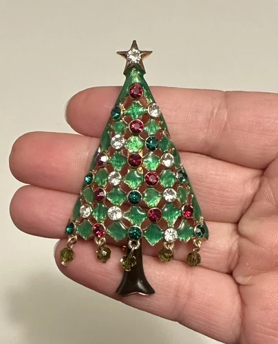 Vintage Eisenberg Ice Signed Christmas Tree Pin Brooch Gold Red Green Dangle EUC