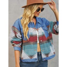 Geometric Button Up Dropped Shoulder Denim Jacket