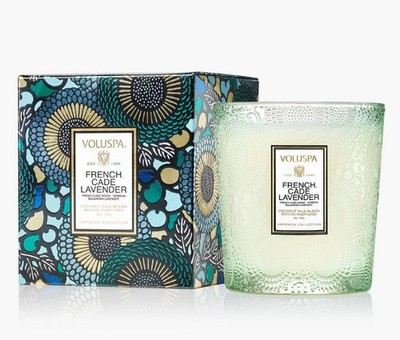 Voluspa Scented Candle French Cade and Lavender Embossed Glass 9 oz. Coconut Wax