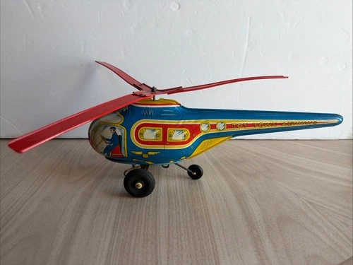 Vtg J Chein Toy Town Airways Friction Tin Litho Helicopter Works Great! 1960’s