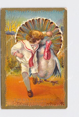 PPC Postcard Thanksgiving Greetings Turkey Chasing Boy Through Yard Gold Embosse