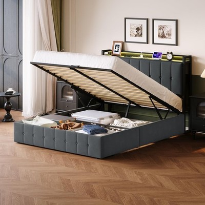 Full Queen King Lift Up Storage Bed Frame Hydraulic Platform Bed w/Power Outlets