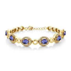 Authentic 5.82 Ct Oval Checkerboard Blue Iolite 18K Yellow Gold Plated Silver Bracelet