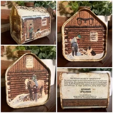 VTG 1984 Pure Maple Syrup 16.9 FL OZ Decor Tin, Log Cabin w/ Horse, Cat & Dog