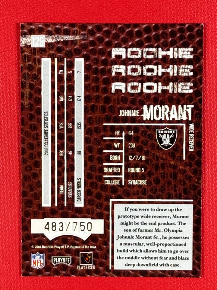 2004 Playoff Hogg Heaven Rookie Johnnie Morant #129 /750 (RC) - Image 2 of 2