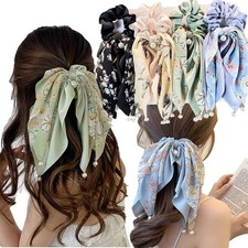 Bow Silk Hair Scrunchies 4 PCS Hair Ties with Bows Pearl Design Satin Ribbon