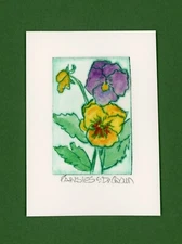 PANSIES Garden Flowers. Original Botanical Watercolor Painting & ETCHING signed