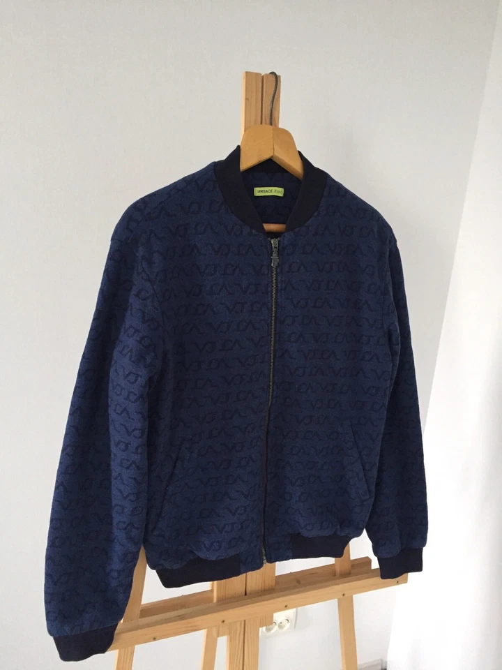 VERSACE JEANS Bomber Jacket Size 50 / L Wool Jacket Blue Monogram Full Zip - Image 2 of 4