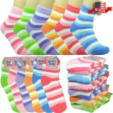 Lot 3-10 Pairs Women Cozy Fuzzy Winter Home Striped Slipper Socks Size 9-11