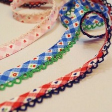 14mm Gingham Bias Binding Lace Edge Hearts & Flowers Cotton