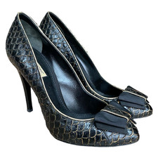 DOLCE & GABBANA Black Python Leather Bow Detail Pointed Toe Pumps, Size 38.5