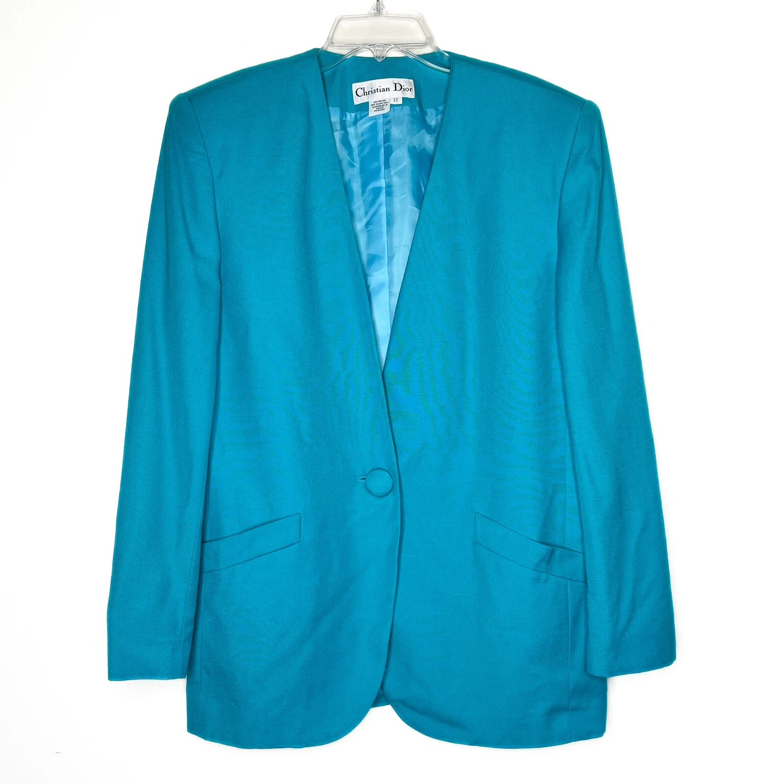Giacca Blazer Vintage Christian Dior Taglia 12 Manica Lunga Blu Verde Anni 80 90 WOW!!