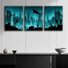 3pcs A City Submerged in the Ocean Blue Dark Wall Art Canvas Framed 50x70cm