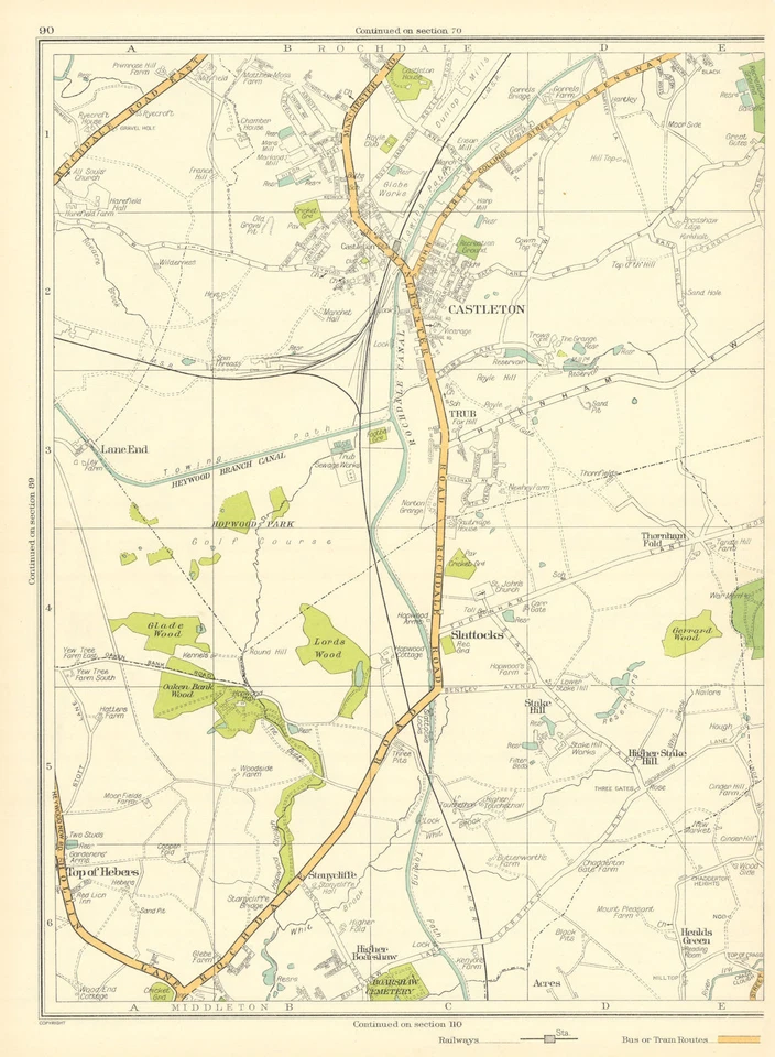 LANCASHIRE Rochdale Castleton Trub Slattocks Higher Boarshaw 1935 old map