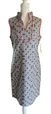Eliza J Striped Trim Sleeveless Shift Dress 6 Blue Ivory Rear Zip Tunic Red Trim