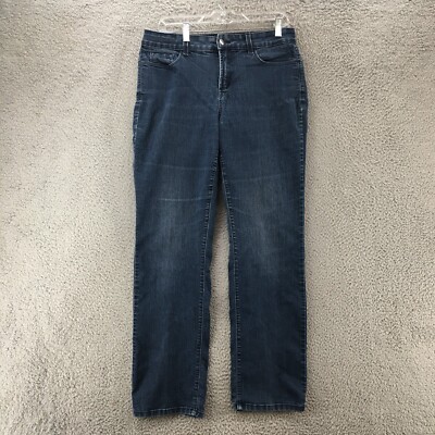 NYDJ Straight Leg Jeans Womens 12 Blue Dark Wash Denim Mid Rise Zip Fly Casual