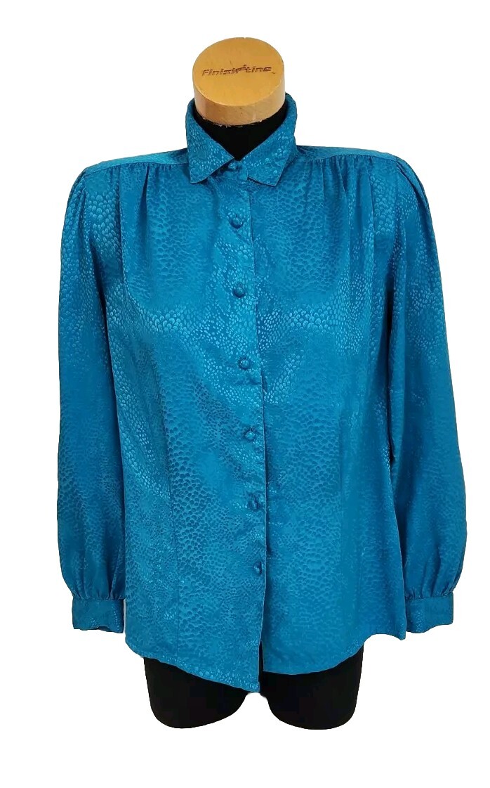 SAINT LAURENT Blusa donna Yves St Clair taglia 10 blu stampa animalier tessuto bottoni rivestiti vintage