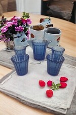 Children  s 5 Piece Blue Glass Water Pitcher  Cups  Akro Agate Tea Set  Ofc 
