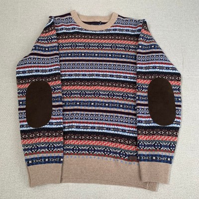 Men s Barbour 100% Lambswool Fair Isle Sweater Elbow Patch Knit Navy Blue Sz M