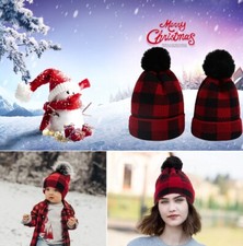 Women Kids Red-Plaid-Buffalo Beanie-Hat Pom Knit Winter Warm Slouchy Skull Cap