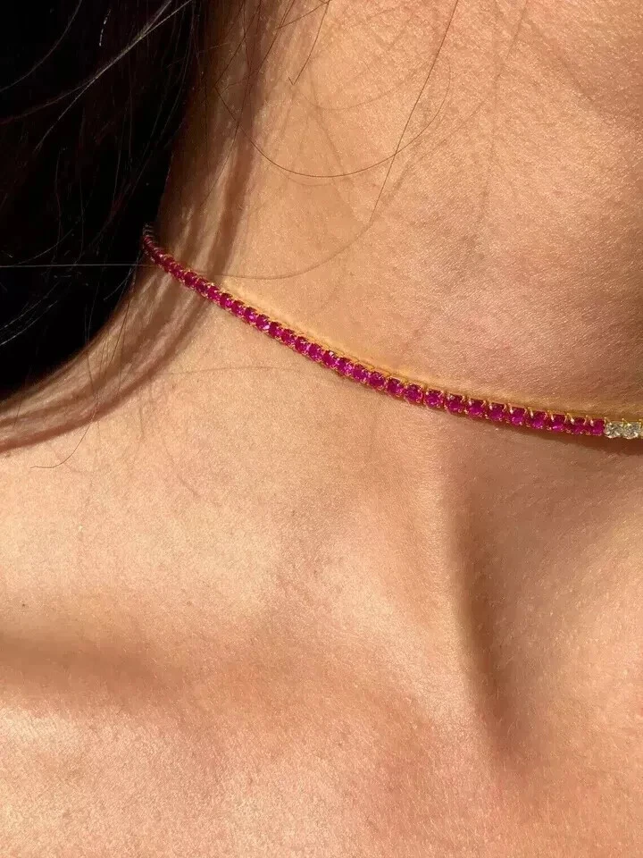3MM Choker Tennis Necklace 14K Yellow Gold Plated 16" Round Lab Created Red Ruby - Image 2 of 4