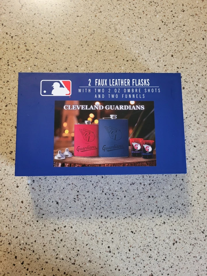 MLB Cleveland Guardians 2 Faux Leather Flasks 2 Ombre Shot Glasses And 2 Funnels - Image 2 of 4
